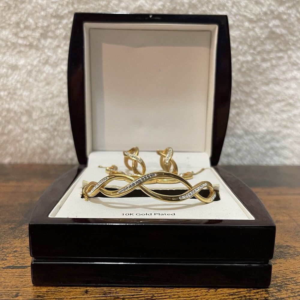 10K GP Gold Plated Jewelery Set Necklace Earrings Bangle Crystal Set Box Y2K NEW - Picture 4 of 16